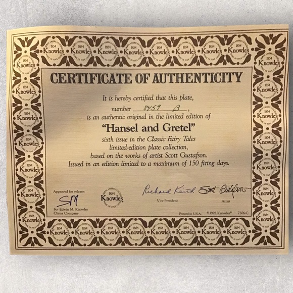 KNOWLES “Hansel & Gretel” Vintage Collector’s Plate 22K Gold Rim COA 8.5” diam. - Picture 5 of 5